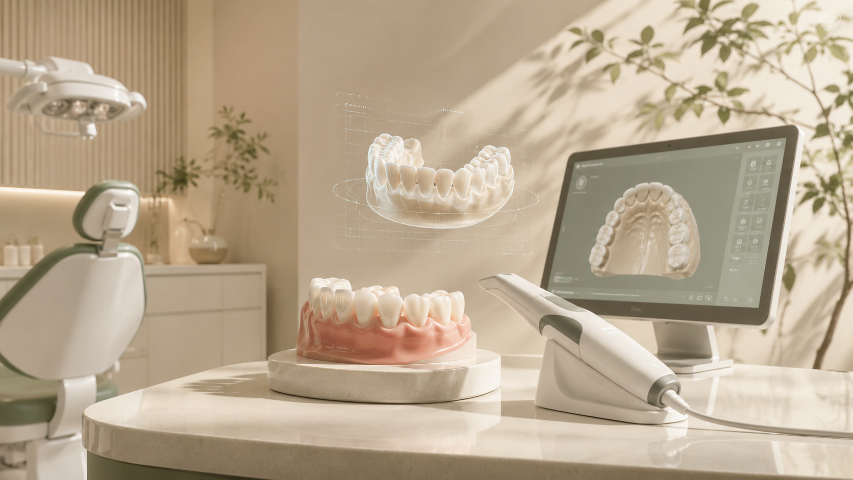 Intraoral scanner beside a monitor displaying a 3D dental scan