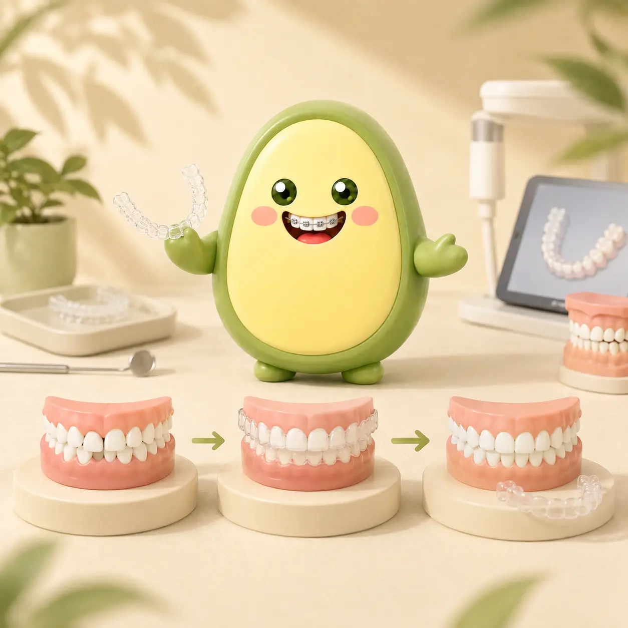Avocabo character holding a clear aligner beside models showing stages of clear-aligner treatment