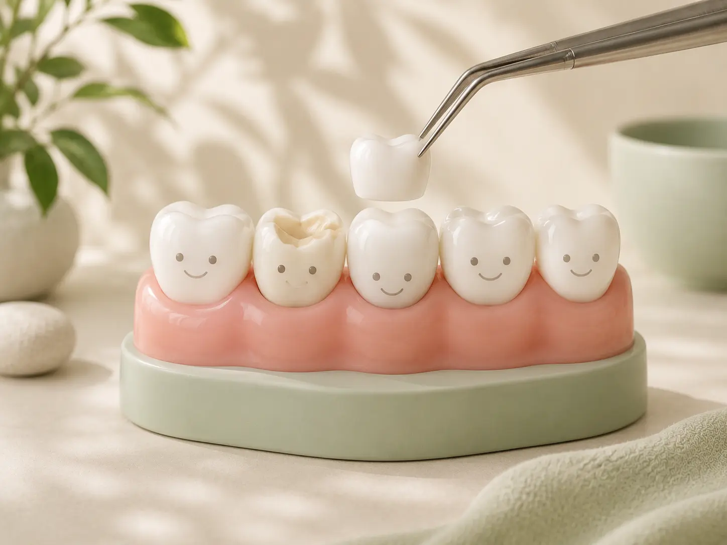 Dental model showing placement of a crown on a prepared tooth