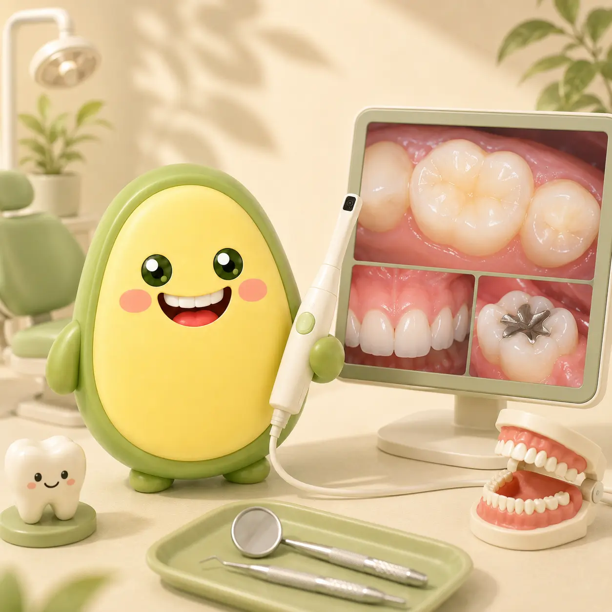 Avocabo character holding an intraoral camera beside enlarged images of teeth