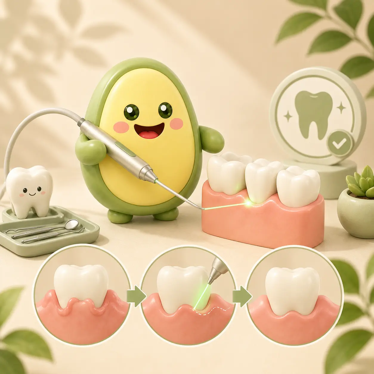 Avocabo character illustrating soft-tissue laser dentistry along the gumline
